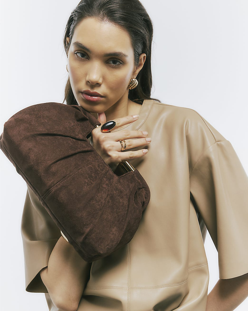 Brown Faux Suede Ruched Clutch Bag | River Island UK & IE