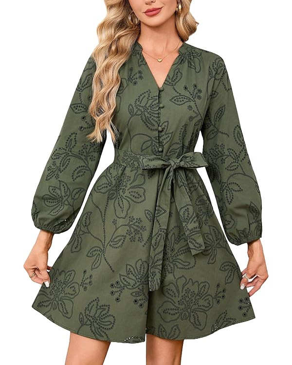 Boho Mini Dress for Women 3/4 Sleeve Eyelet Lace Hollow Out Tunic Dress V Neck A Line Short Dress... | Amazon (US)