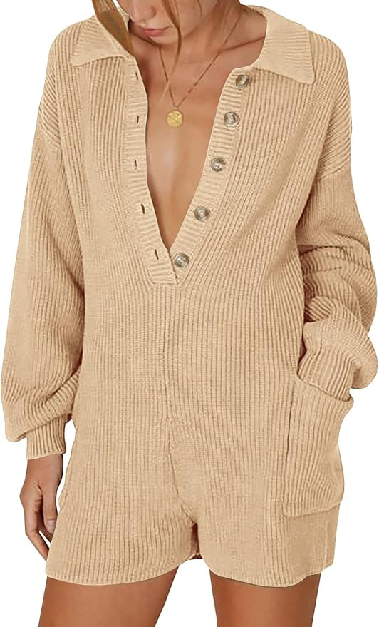 Women's Rompers V Neck Button Down Long Sleeve Knitted Sweater Jumpsuit Fall Winter One Piece Out... | Amazon (US)
