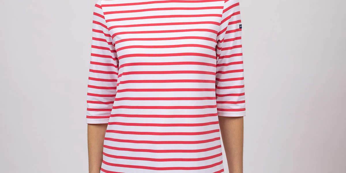 PHARE - Boat Neck Striped Tunic with Slits | Stretch fabric with UV Protection (WHITE / PINK) | Saint James USA