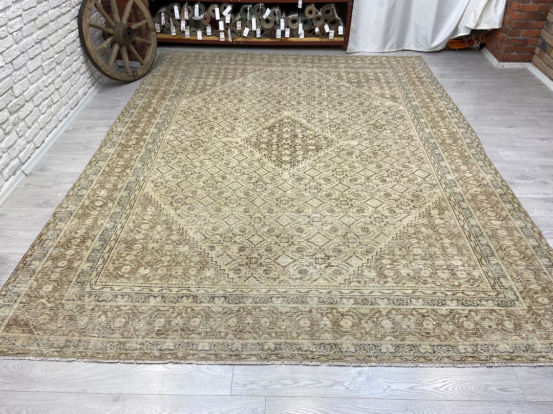 9'7x12'5 ft Beige Persian Rug - Antique Handmade Rug - Vintage Rug - Muted Rug - Bedroom Rug - Ov... | Etsy (US)