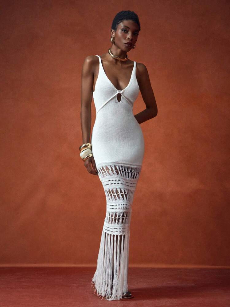 Zivah 2025 New Summer Leisure Beach Vacation Beach Dress Beach Party Suspender V-Neck Crochet Tassel Hem White Long Skirt Flowing Skirt European And American Elegant Ladies Sweater Dress Women Dresses Birthday Woman S Summer Clothes | SHEIN