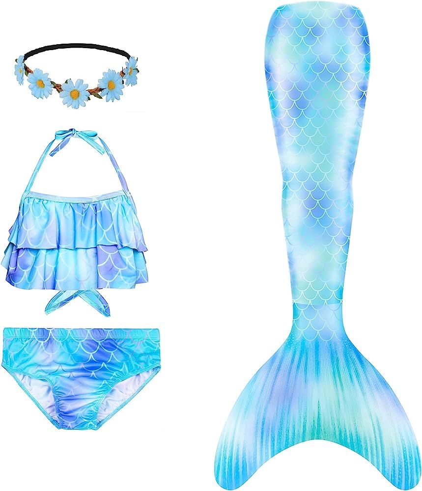 Fishkidtail Mermaid Tails for Swimming 4Pcs Girls Swimsuits Princess Bikini Bathing Suit Set for Kid | Amazon (US)