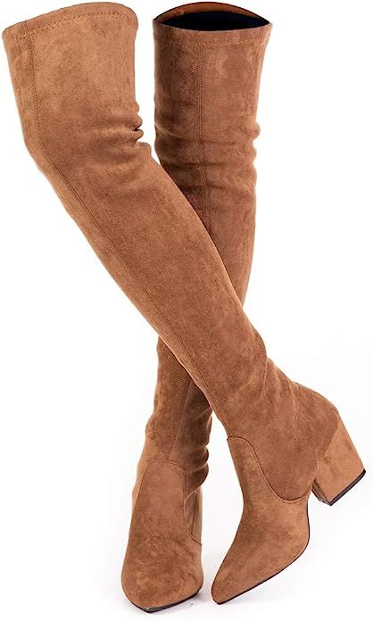 Mtzyoa Thigh High Block Heel Boot Women Pointed Toe Stretch Over The Knee Boots | Amazon (US)