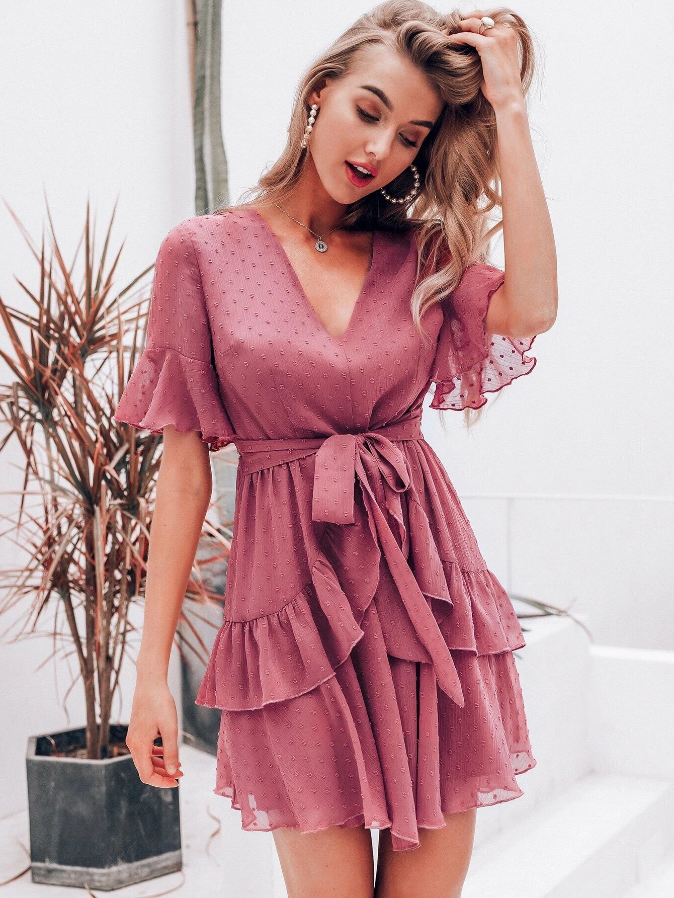 Simplee Swiss Dot Ruffle Hem Flounce Sleeve Belted Dress | SHEIN