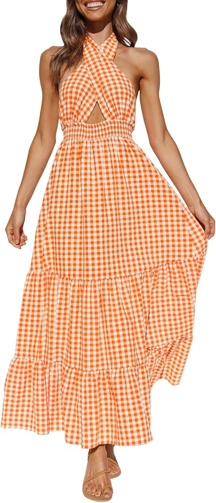 ZESICA Women's 2024 Summer Crossover Halter Neck Sleeveless Plaid Cut Out Backless Flowy A Line M... | Amazon (US)