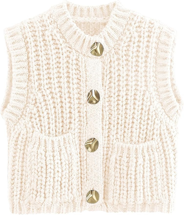 Flygo Womens Sleeveless Crop Chunky Knit Cardigan Trendy Button Down Cropped Knitted Sweater Vest... | Amazon (US)