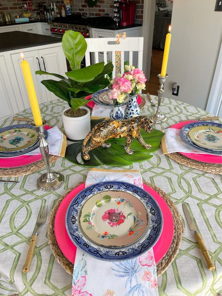 Jungle themed tablescape, jungle theme party ideas, maximalist decor, bamboo flatware, summer table ideas, colorful home ideas, animal print home decor 

#LTKunder100 #LTKunder50 #LTKhome