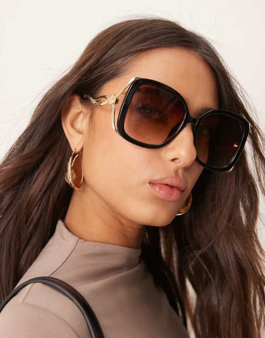 ASOS DESIGN oversized 70s sunglasses with snake metal temple-Black | ASOS (Global)