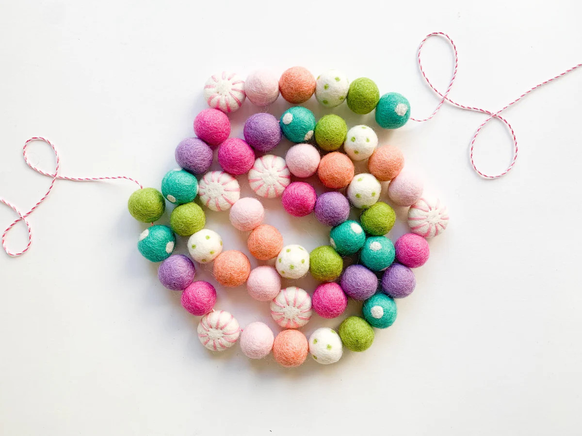 Pink Peppermint Rainbow Felt Ball Garland | Pearl & Jane