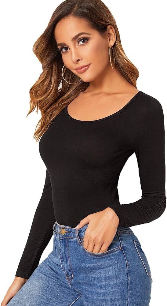 SweatyRocks Womens Long Sleeve Scoop Neck Basic Solid Slim fit Tee Shirt Top | Amazon (US)