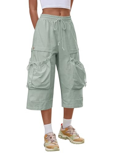 Aoysky Womens Wide Leg Cargo Capris Drawstring Elastic Waist Baggy Cropped Pants with Utility Pockets Casual Trousers Light Grey | Amazon (US)