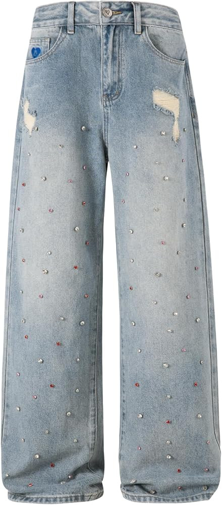 Aelfric Eden Rhinestone Wide Leg Jeans High Waisted Loose Streetwear Straight Baggy Denim Pants V... | Amazon (US)