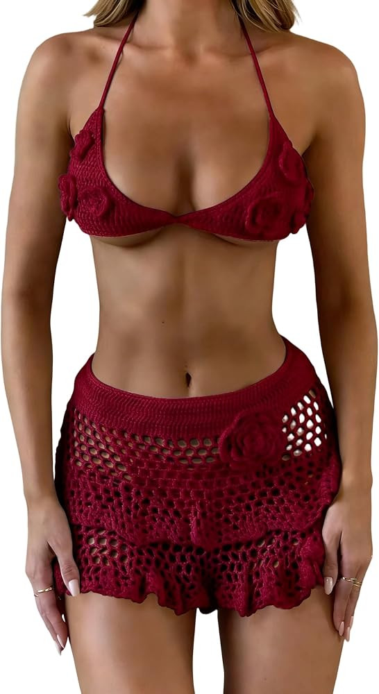 Women's 2 Piece Swimsuits Crochet Coverups Hollow Out Bikini Top Halter Neck Backless Knit Swimwe... | Amazon (US)
