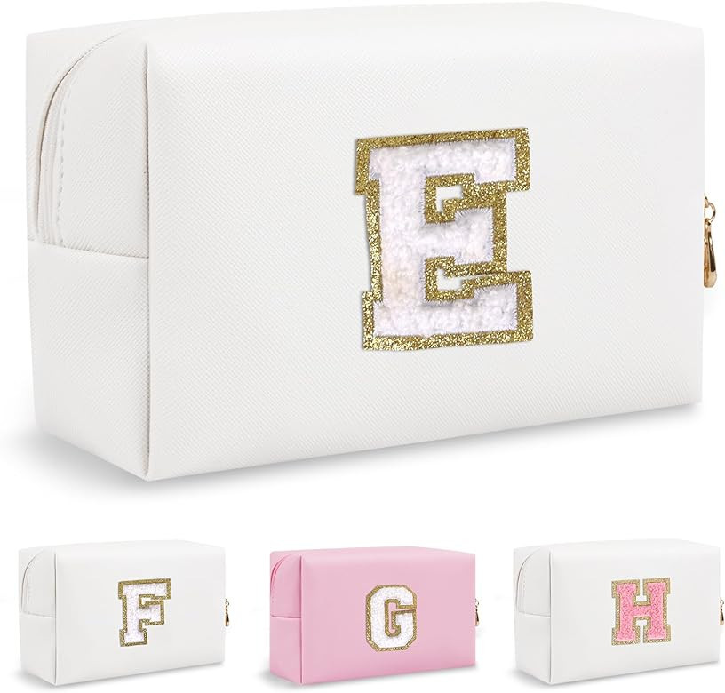 Personalized Chenille Letter Preppy Makeup Bag, Small Cute Travel Cosmetic Bag Initial Toiletry Z... | Amazon (US)