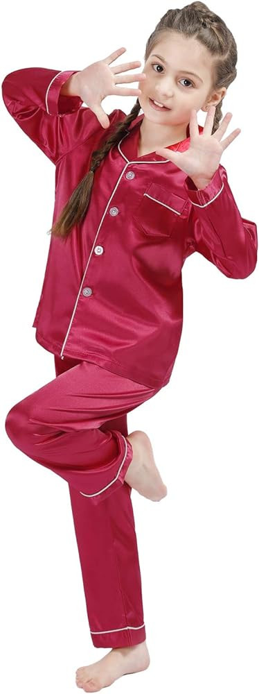 Girls Boys Kids Silk Satin Pajamas Set Button-Down Clothes Long Sleeve Loungewear Sleepwear PJS | Amazon (US)