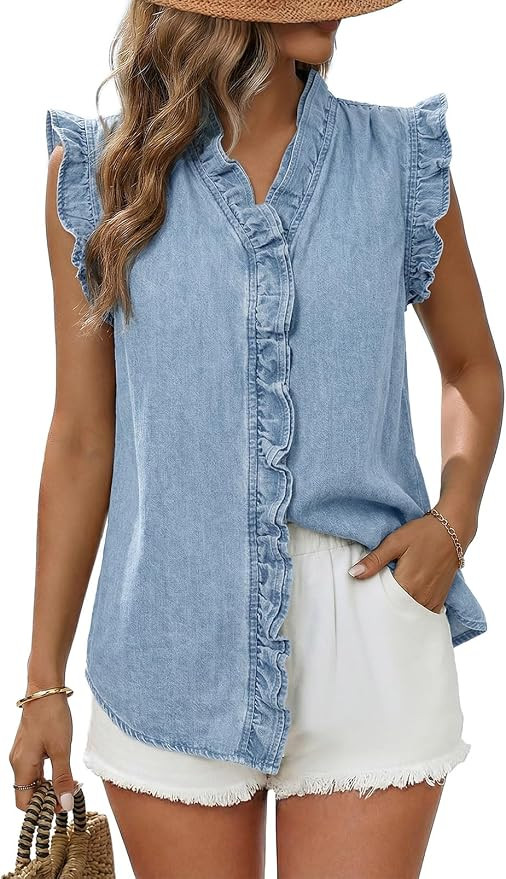Dokotoo Denim Vest Top for Women Casual Summer Jean Vest Top Button Down Peplum V Neck Sleeveless... | Amazon (US)