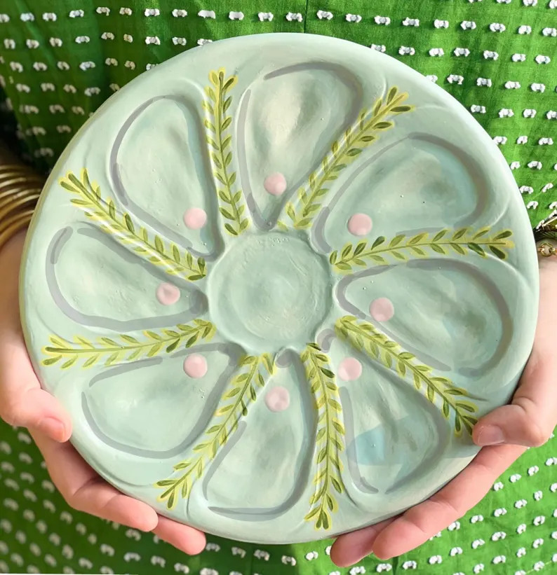 Hand Built Oyster Plate 9" in Pale Green With Pink Pearls | Etsy (Global)
