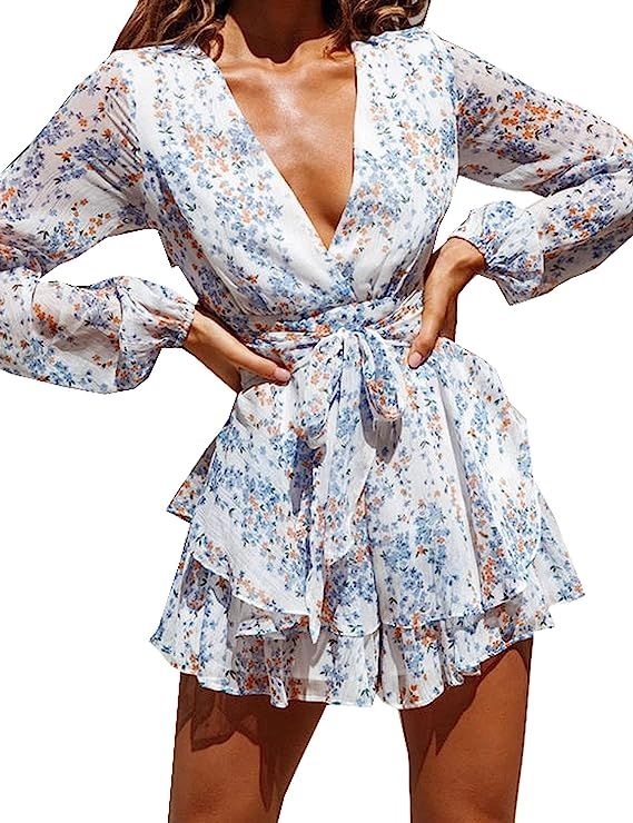 Murimia Women's Summer V-Neck Floral Spaghetti Strap Short Rompers and Jumpsuits | Amazon (US)