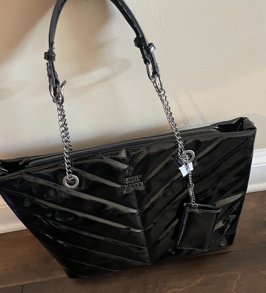 Steve Madden Blani Black Patent Leather Quilted Large Tote New | eBay US