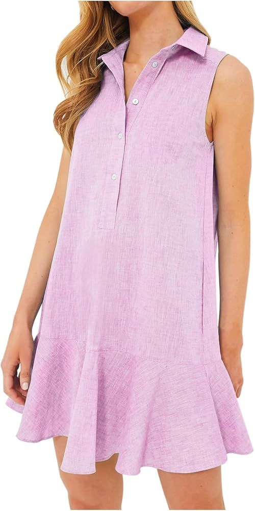 Women Sleeveless Mini Dress Button Down Shirt Dress V Neck Reffle Hem Cotton Linen Tunic Short Dr... | Amazon (US)