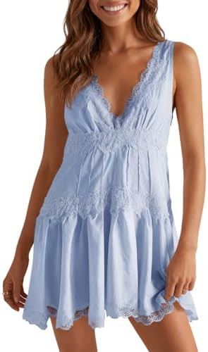 Wenrine Womens Summer Sleeveless Mini Dress Casual Satin Lace V Neck Tiered Ruffle Loose Sexy A L... | Amazon (US)