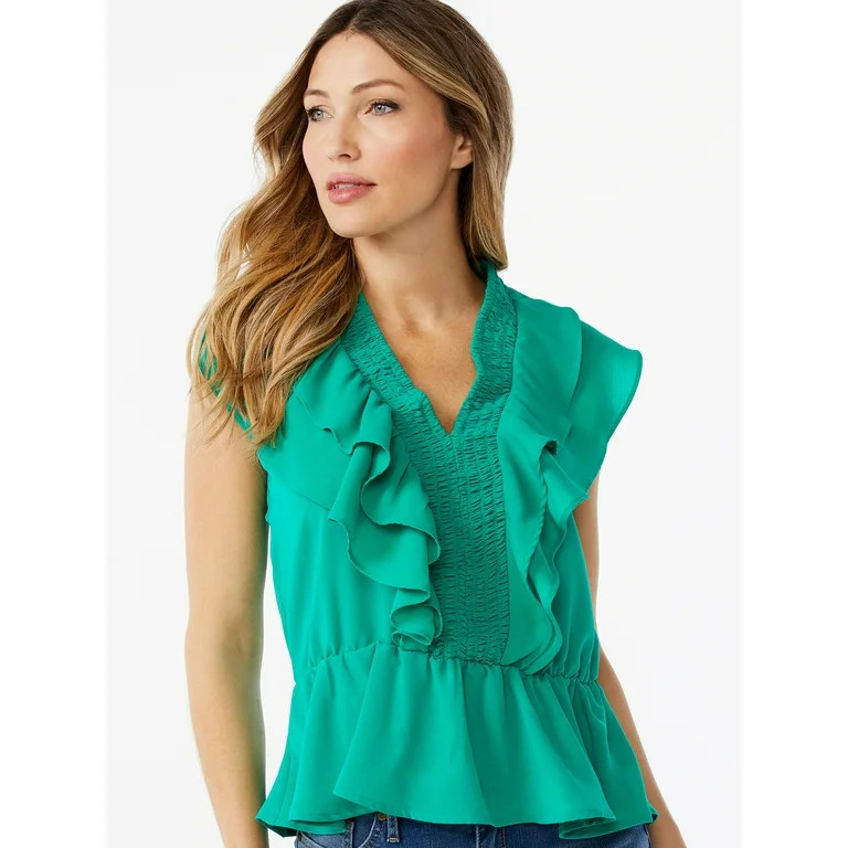 Sofia Jeans by Sofia Vergara Women's Smocked Ruffle Top with Short Sleeves - Walmart.com | Walmart (US)