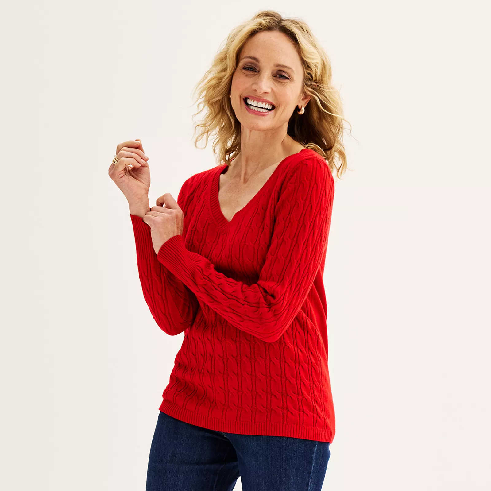 Women's Croft & Barrow® Extra Soft Cable Knit V-Neck Sweater, Size: Small, Red | Kohl's
