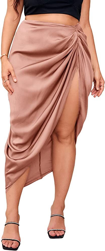SheIn Women's Plus Asymmetrical Side Split High Waist Midi Ruched Satin Skirt | Amazon (US)