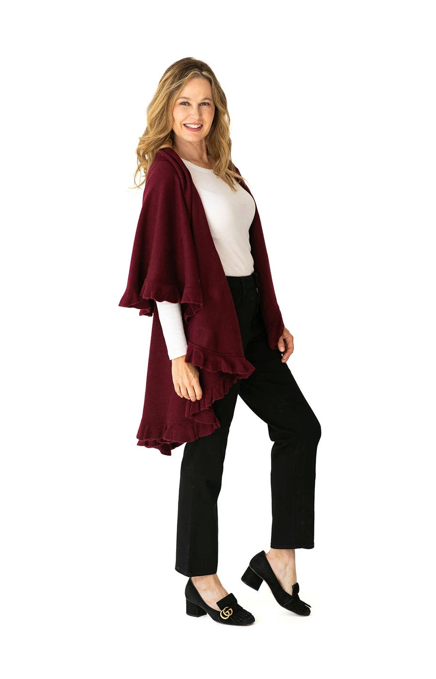 Shawl Sweater Vest in Burgundy with Ruffle Trim | Heidi Kagan Designs