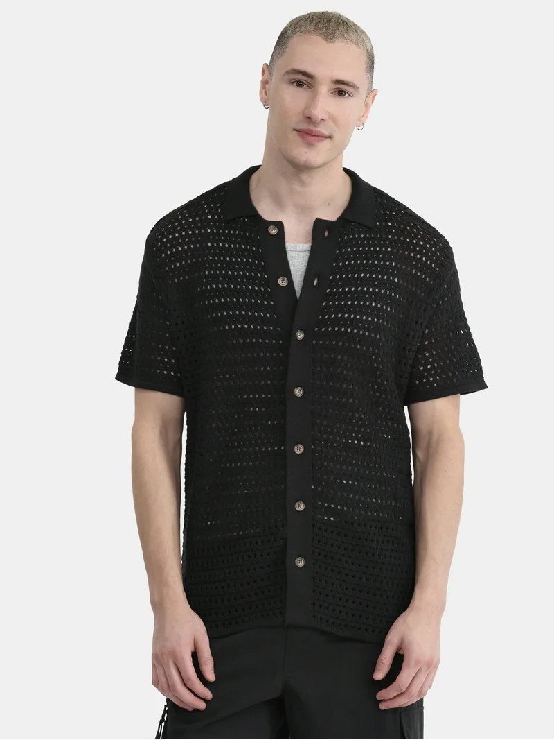 No Boundaries Men's & Big Men's Sweater Knit Polo Mesh Button Front Short Sleeve Shirt, Sizes XS-... | Walmart (US)