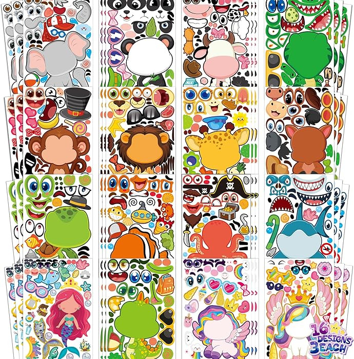 Stickers for Kids - 48 Sheets Make a Animal Face Stickers - Crafts Goodie Bags Stuffers Party Fav... | Amazon (US)