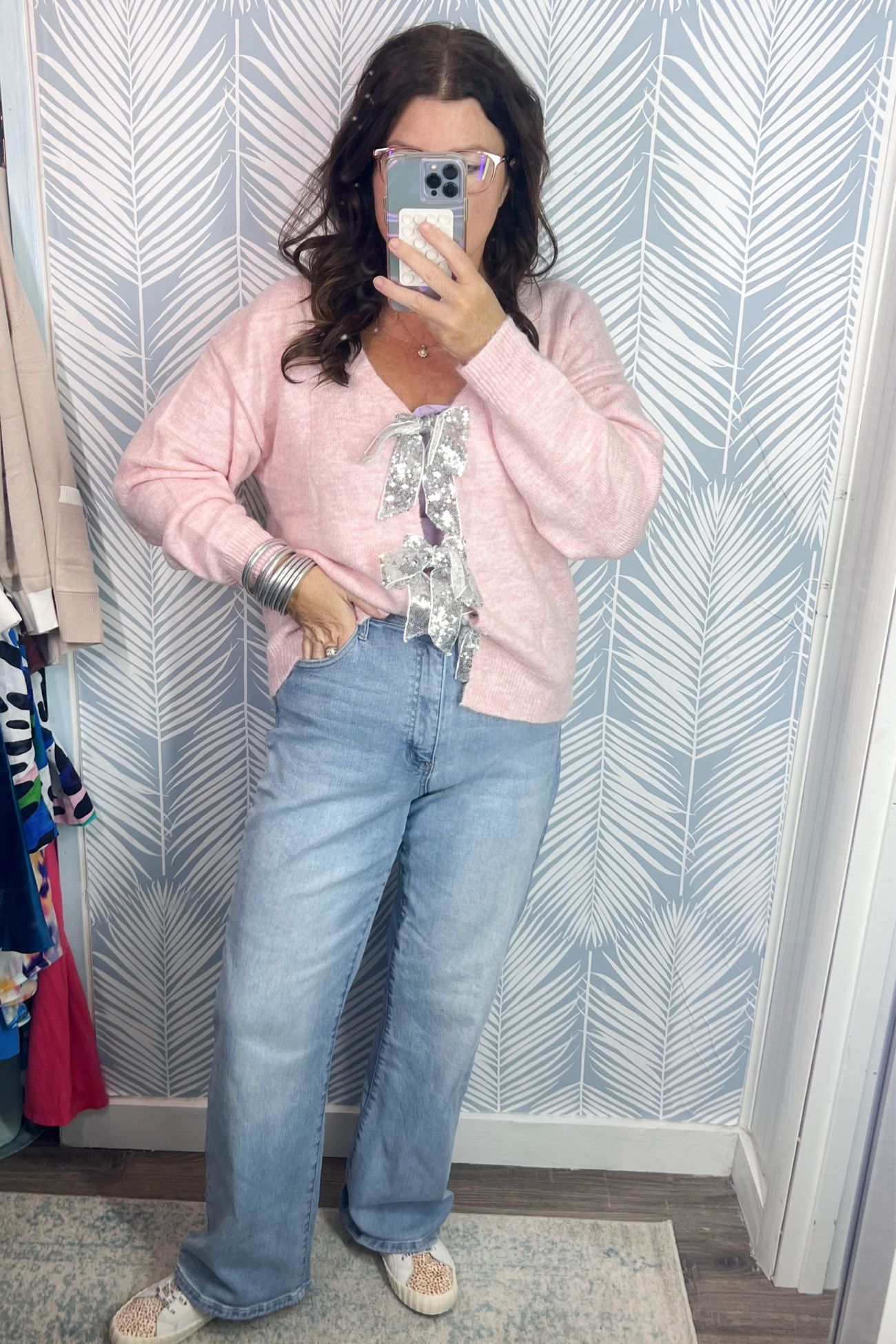 Pink bow sweater with silver bows, jeans and vintage Havana sneakers.
Feminine girly fall outift
wearing large in the sweater but could do medium better. I’d suggest sizing down 

#LTKMidsize #LTKOver40 #LTKFindsUnder50