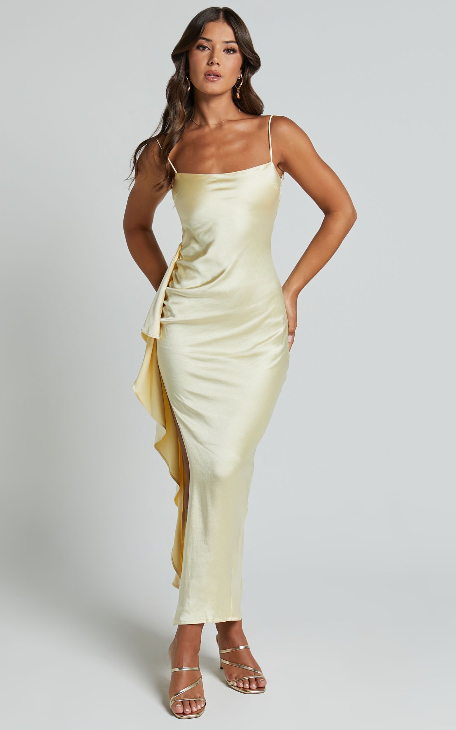 Carolina Maxi Dress - Frill Detail Satin Square Neck Dress in Lemon | Showpo (US, UK & Europe)