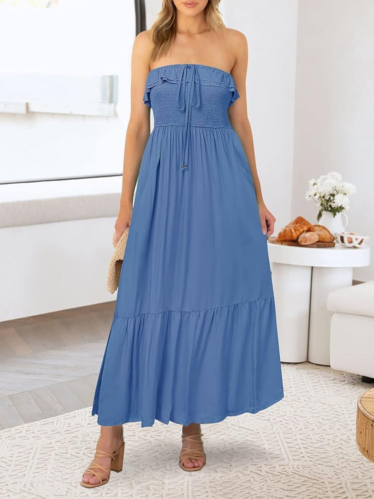 MEROKEETY Womens Summer Off Shoulder Ruffle Strapless Flowy Maxi Dress A Line Beach Party with Pocke | Amazon (US)