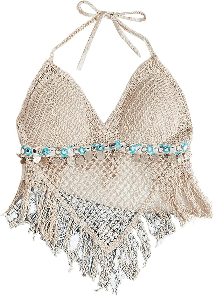 SweatyRocks Women's Off White Summer Beach Backless Crochet Halter Bikini Crop Top Fringe Top | Amazon (US)