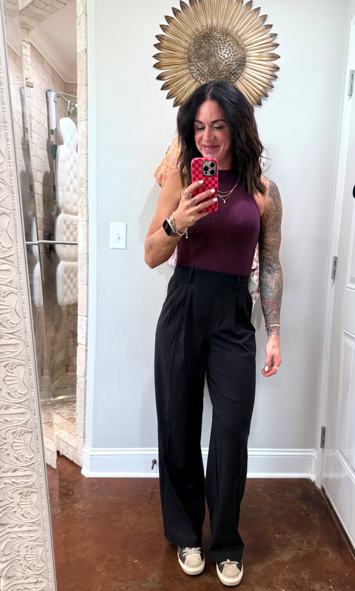 Okay, so this is as “business casual” as I get and these @lululemon trousers are EVERYYYYTHING!!! 

If anyone tells you to throw out anything you haven’t worn in a year, tell them to go kick rocks. This shirt is American eagle at least 5 years ago and today is the first time I’ve worn it 😂 #hoarder 

My “heels” are always @goldengoosegang !! They don’t make this pair anymore but there are plenty of cute pairs coming out constantly! Slides are my favorite style! 

#LTKmomlife #LTKOver40 #LTKWorkwear