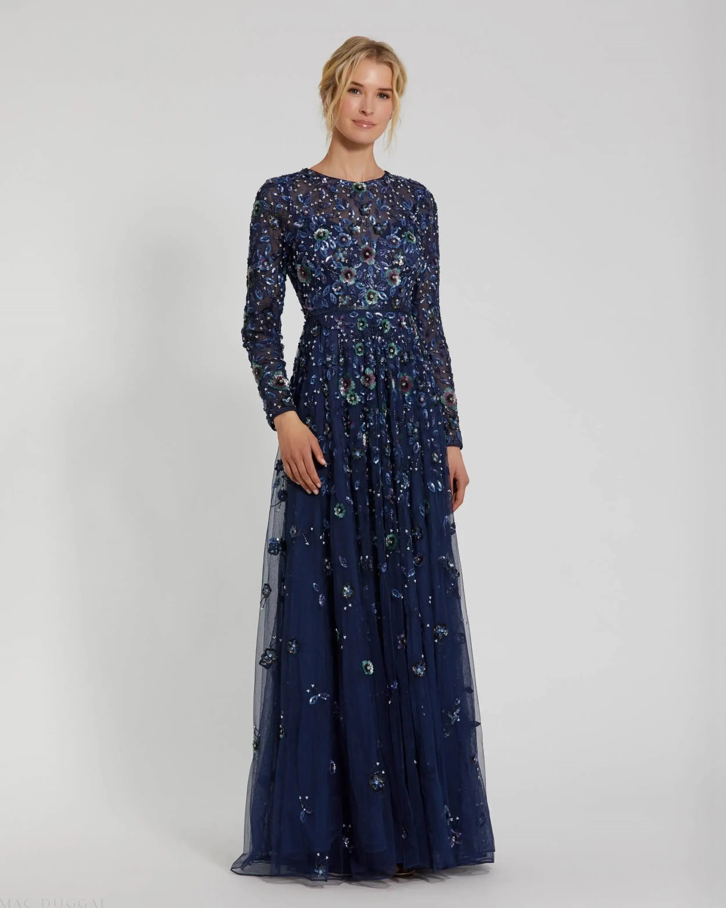 Navy Embellished High Neck Long Sleeve A Line Gown | Mac Duggal | Mac Duggal