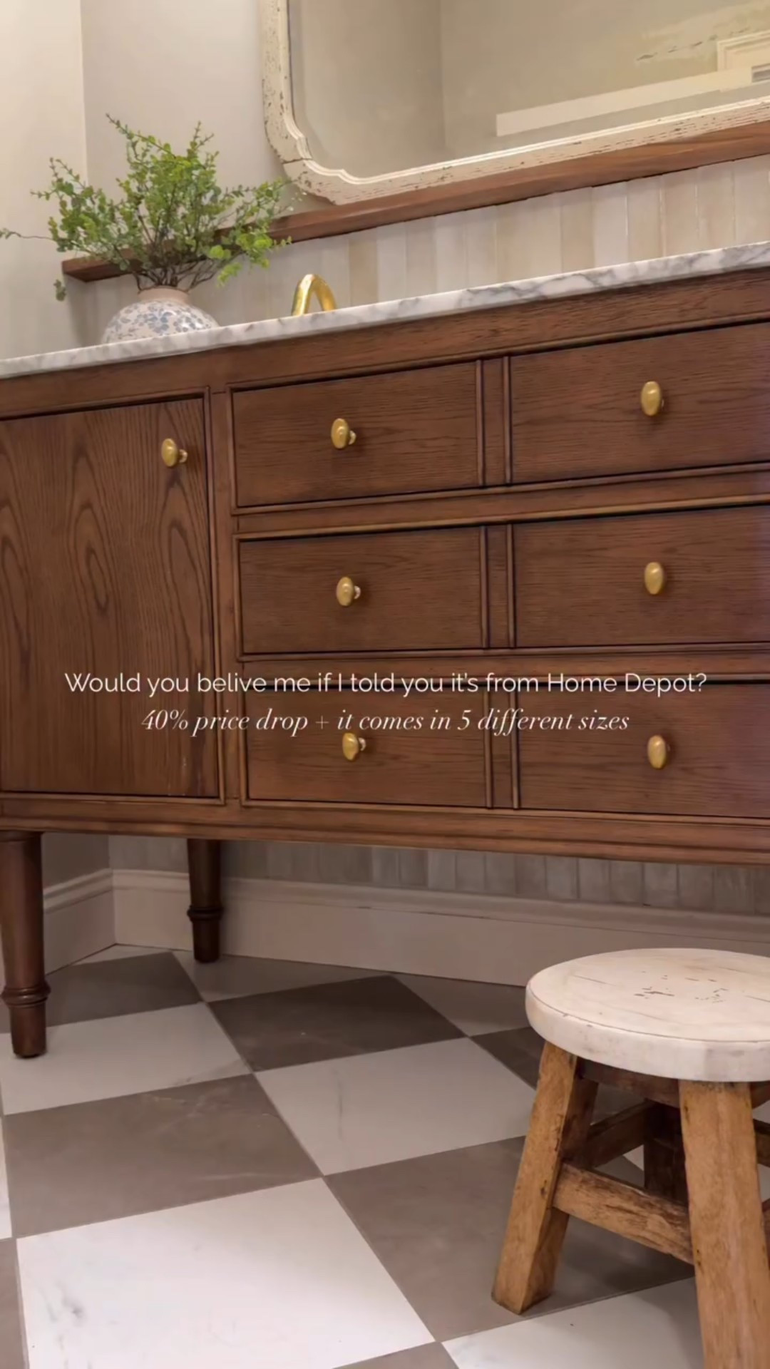 You are NOT going to believe where this vanity is from. 

This beauty is from Home Depot… and it looks like something straight out of a high-end designer showroom. The cinnamon oak finish + Carrara marble top give it that custom, boutique feel.

And the best part? It’s currently 40% off!

A true designer dupe without the designer price tag.

Comment “vanity” and I’ll send you the link ✨
