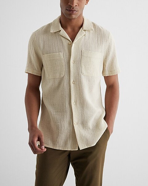 Crinkle Textured Cotton Short Sleeve Shirt | Express