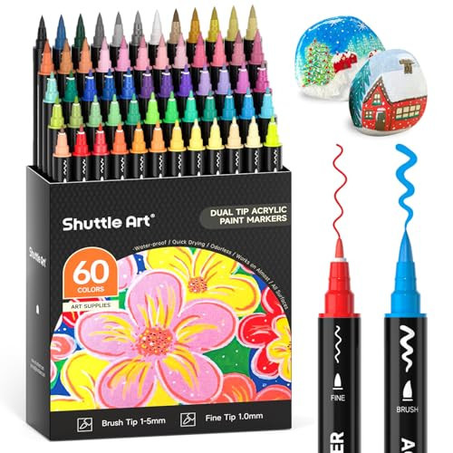 Shuttle Art 60 Colors Dual Tip Acrylic Paint Markers, Brush Tip and Fine Tip Acrylic Paint Pens for Rock Painting, Ceramic, Wood, Canvas, Plastic, Glass, Stone, Calligraphy, Card Making, DIY Crafts | Amazon (US)