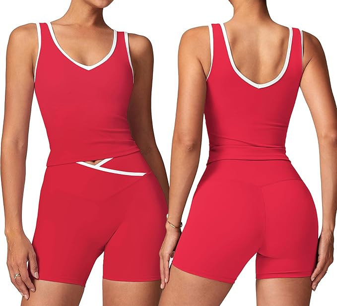 SUUKSESS Women 2 Piece Workout Sets Built in Bra Yoga Tank Top High Waisted Tummy Control Biker S... | Amazon (US)
