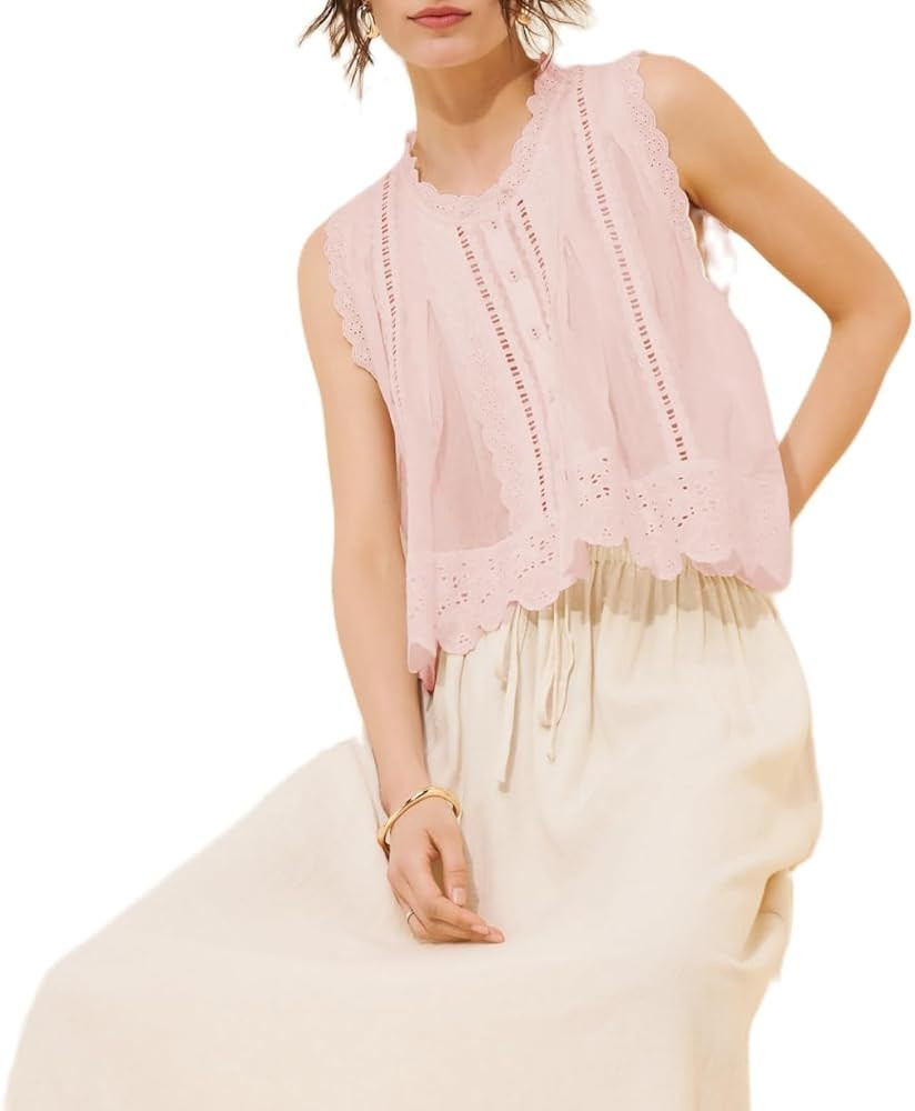 Women Sleeveless Eyelet Top Vintage Lace Patchwork Detail Button Down Vest Top Scallop Hem Beach ... | Amazon (US)
