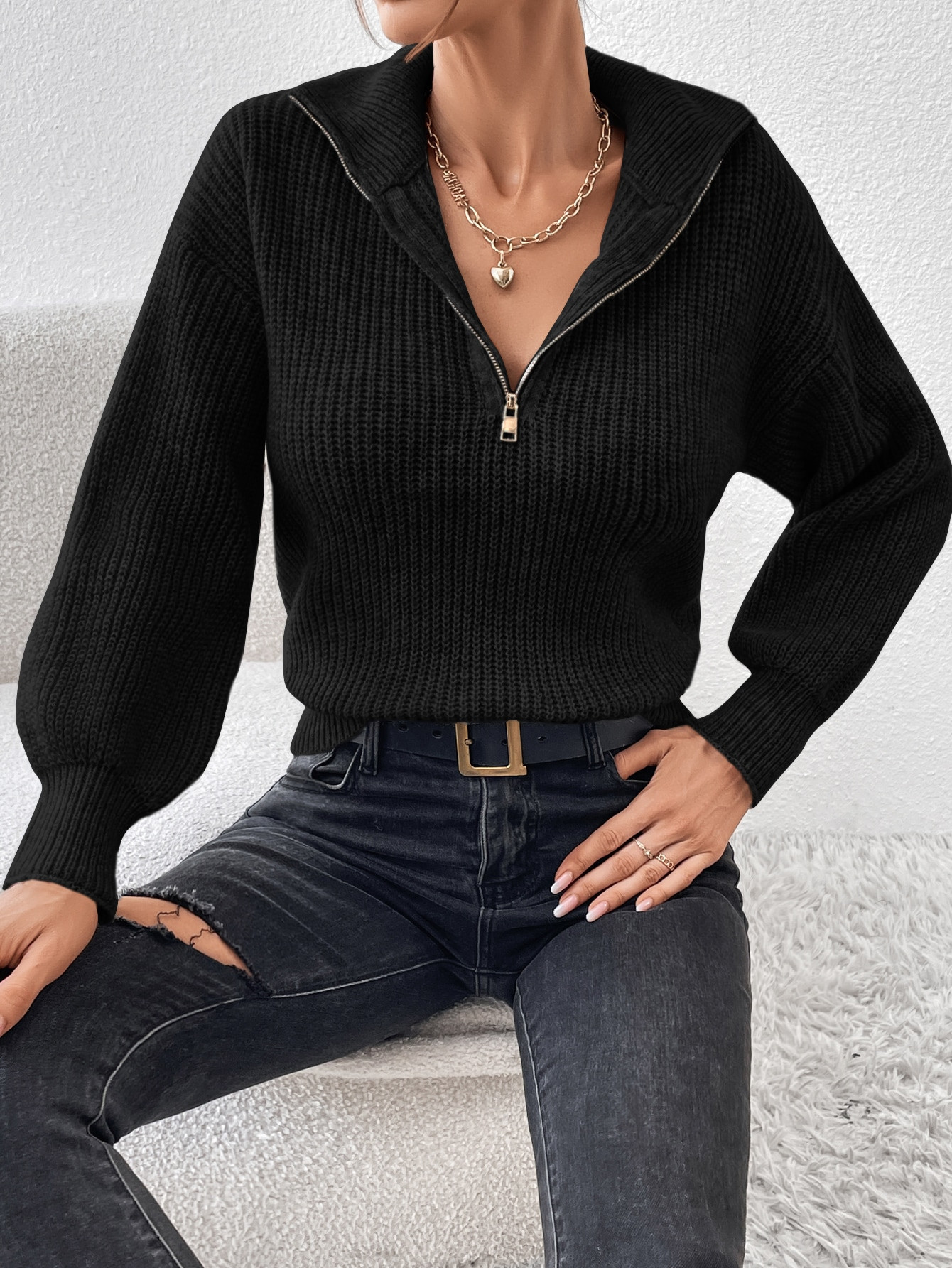 SHEIN Frenchy Half Zip Drop Shoulder Sweater | SHEIN