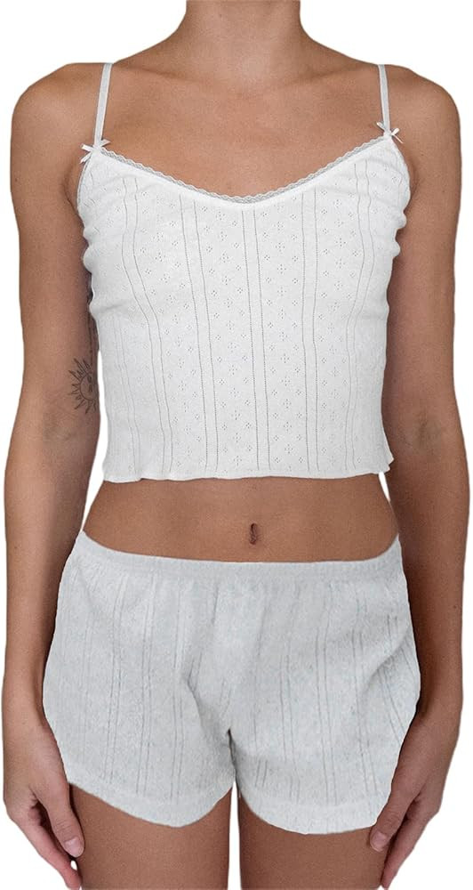 RUEWEY Women Y2K Shorts Set Floral Print Pajamas Set Knit Crop Cami Top Bodycon Shorts Lounge Sum... | Amazon (US)