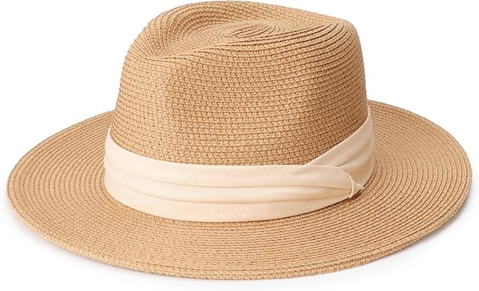 DRESHOW Women Straw Panama Hat Travel Fedora Beach Sun Hat Summer Wide Brim Straw Roll up Hats UP... | Amazon (US)
