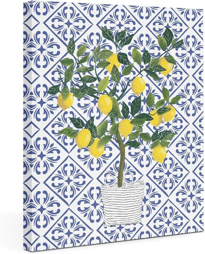 Lemon Tree Wall Art - Yellow Lemon Framed Art - Retro Mid Century Modern Paintings - Moroccan Blu... | Amazon (US)