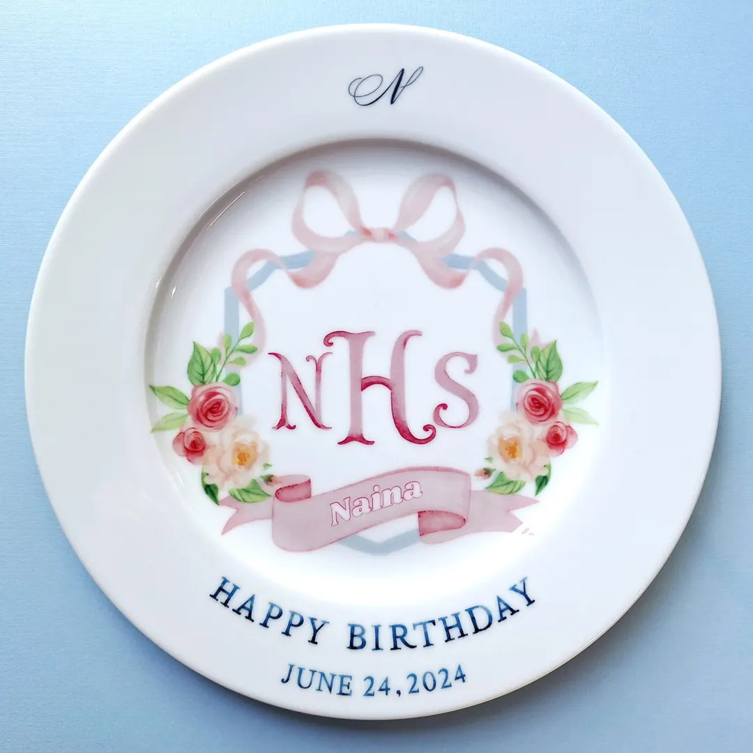 Birthday Plate for Girls With Floral Crest and Monogram / Personalized Ceramic Keepsake Plate - E... | Etsy (US)
