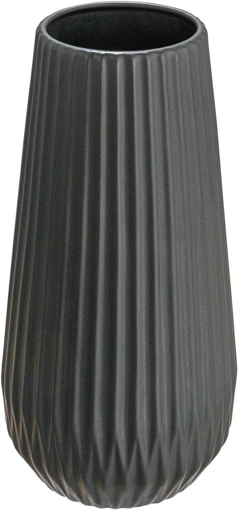 Bloomingville Round Stoneware Fluted Vase with Embossed Lines, Matte Black | Amazon (US)