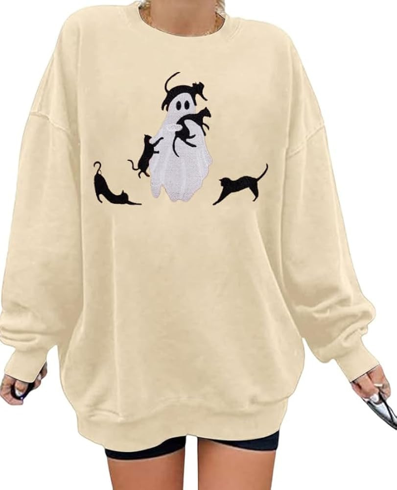 Halloween Spooky Season Sweatshirt Women: Oversized Black Cat Ghost Sweatshirts Fall Embroidered ... | Amazon (US)